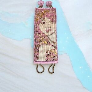 Hand Crafted Pink/Gold Beaded Bracelet with beautiful girl/woman. Intricate work